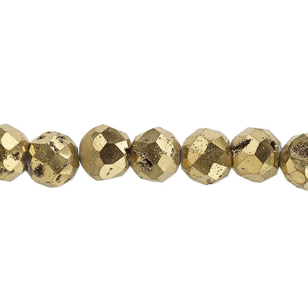 Bead, electroplated druzy agate (coated), gold, 8mm faceted round, B grade, Mohs hardness 6-1/2 to 7. Sold per 8-inch strand, approximately 25 beads. image number 0