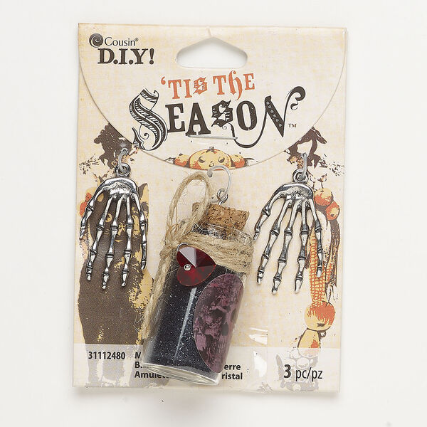 Focal assortment 1pkg3, antique silver-finished brass and steel / glass, multicolored, 29.5x19mm skeleton hand and 44x22mm bottle with faceted heart drop / cork / glitter. image number 0