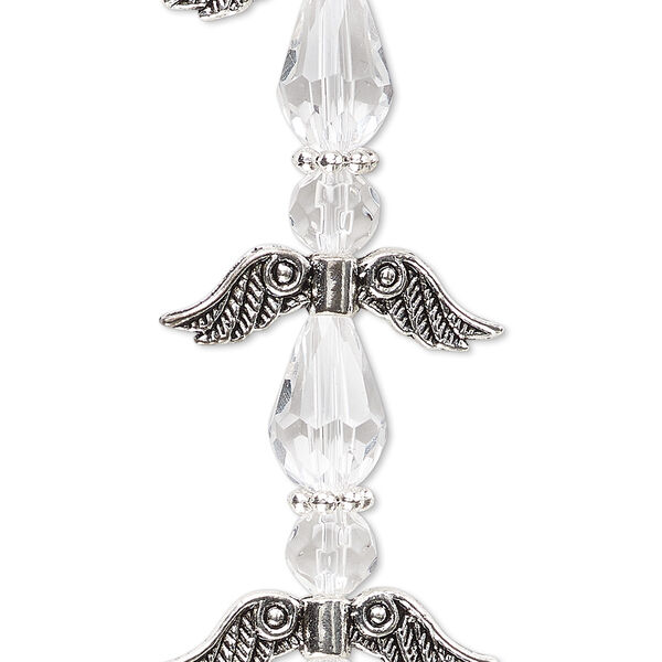 Bead, crystal and antique silver-plated "pewter" (zinc-based alloy), transparent clear, 23mm angel. Sold per pkg of 4. image number 0