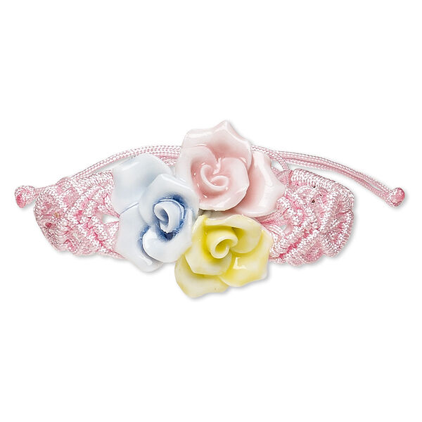 Bracelet, nylon and porcelain, pink / yellow / blue, 36x32mm-48x44mm flower, adjustable from 5-8 inches with macramé knot closure. Sold individually. image number 0