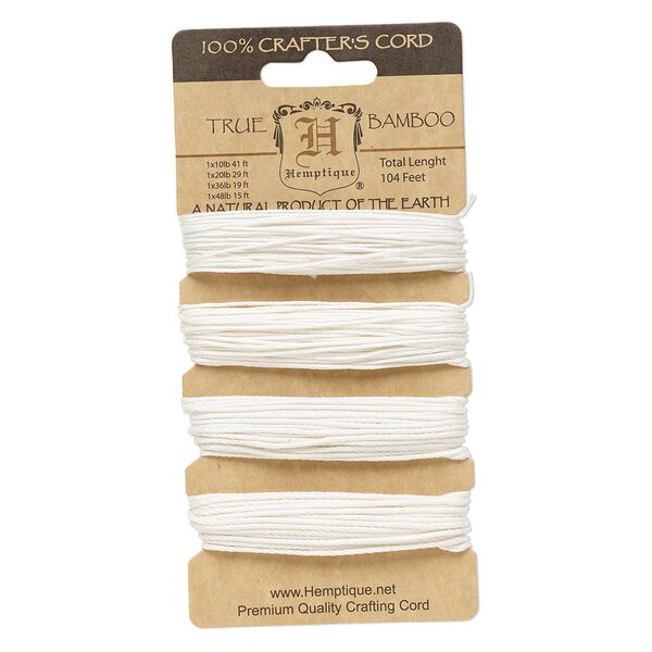 Cord, Hemptique®, polished bamboo, white, 0.5mm / 1mm / 1.5mm / 1.8mm diameter, 10- / 20- / 36- / 48-pound test. Sold per card. image number 0