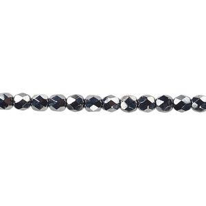 Bead, Czech fire-polished glass, hematite, 4mm faceted round. Sold per pkg of 1,200 (1 mass).