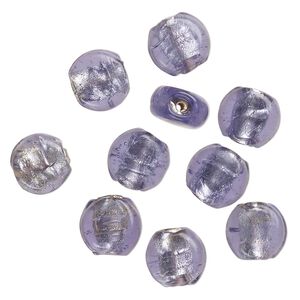 Bead, lampworked glass, opaque purple, 12x7mm-10x6mm flat round with silver-colored foil. Sold per pkg of 10.
