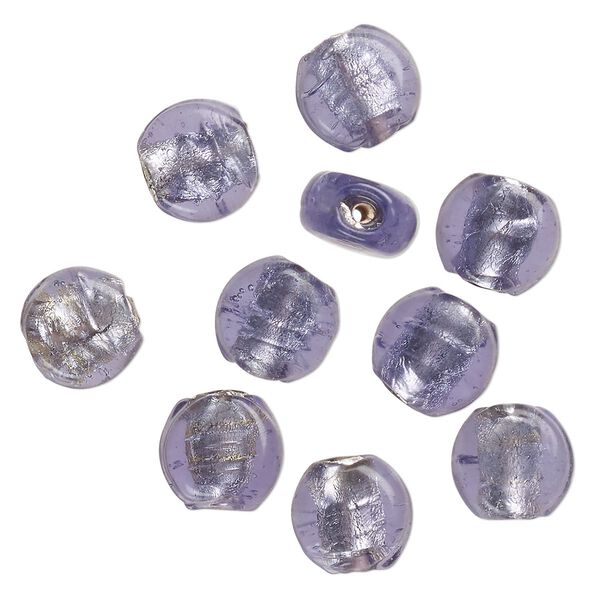 Bead, lampworked glass, opaque purple, 12x7mm-10x6mm flat round with silver-colored foil. Sold per pkg of 10. image number 0