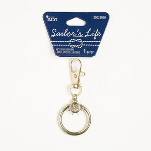 Key chain 1pkg1, gold-finished steel and acrylic, clear, 2-1/2 inches with sailor wheel charm and hinged clip lobster claw clasp with swivel.