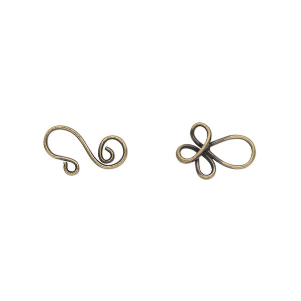 Clasp, hook-and-eye, antique gold-plated brass, 22x8.5mm swirl. Sold per pkg of 10. image number 0