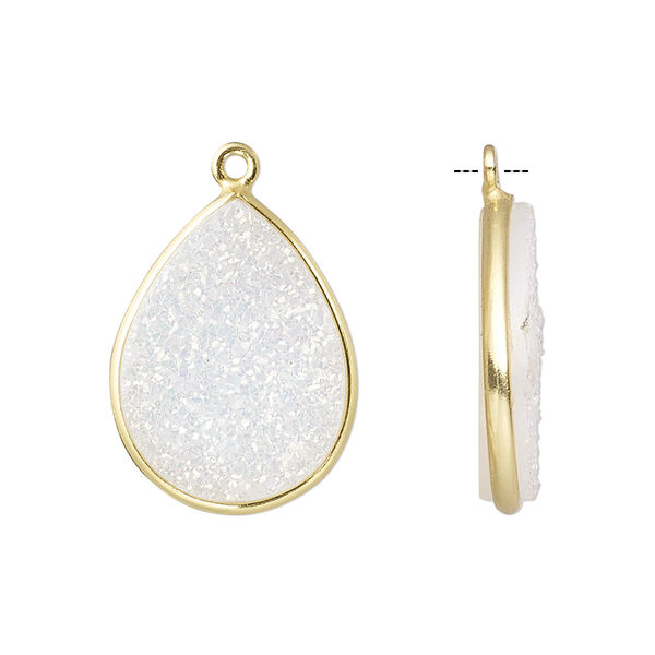 Drop, titanium- / electro-coated druzy agate (coated) / gold-finished sterling silver, white opal, 21x16mm hand-cut single-sided flat teardrop. Sold individually. image number 0