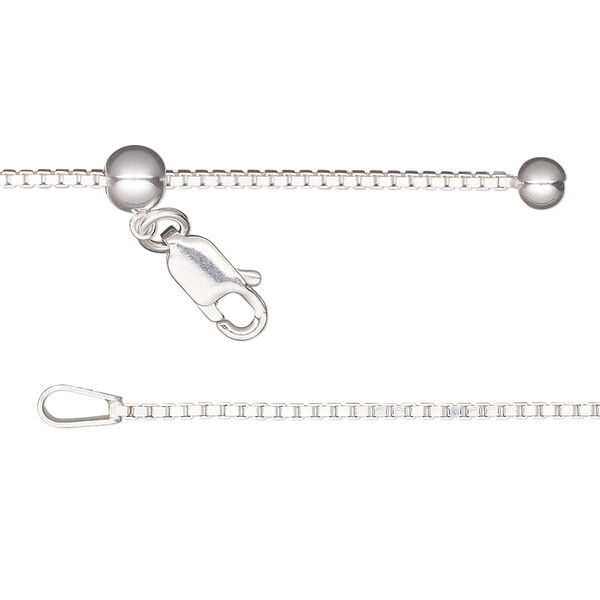 Chain, Gossamer™, sterling silver and silicone, 1.1mm box chain with 4mm ball and 5mm adjustable slider bead, adjustable from 16 to 24 inches with lobster claw clasp. Sold individually. image number 0