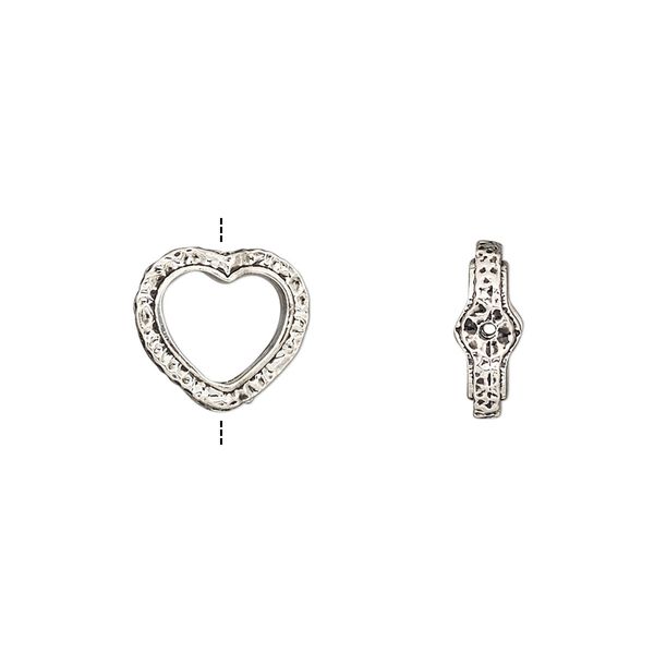 Bead frame, antique silver-finished "pewter" (zinc-based alloy), 12x11mm open heart with hammered edge, fits up to 8mm bead. Sold per pkg of 2. image number 0