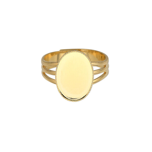 Ring, gold-plated brass, 15x11mm with 14x10mm oval setting, adjustable from size 7-8. Sold per pkg of 6. image number 0