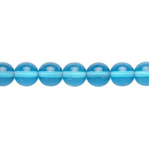 Bead, Czech glass druk, transparent turquoise blue, 8mm round. Sold per 15-1/2" to 16" strand.