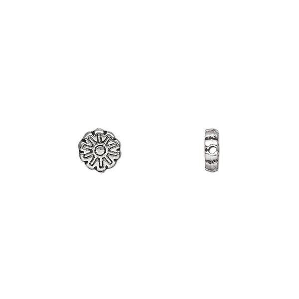 Bead, antique silver-plated "pewter" (zinc-based alloy), 6x6mm double-sided flower with sun design. Sold per pkg of 100. image number 0