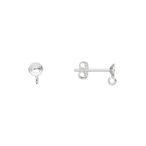 Earstud 1pkg10 sterling silver, 4mm cup / open loop / 4-6mm round glue-in setting / earnuts, 5 pair