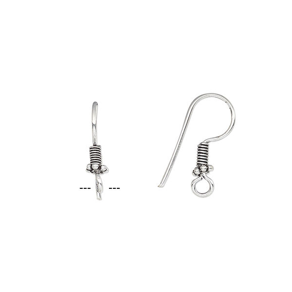 Ear wire, antique silver-plated copper, 19mm fishhook with 4x2mm coil and 4x1mm rondelle and open loop, 21 gauge. Sold per pkg of 25 pairs. image number 0