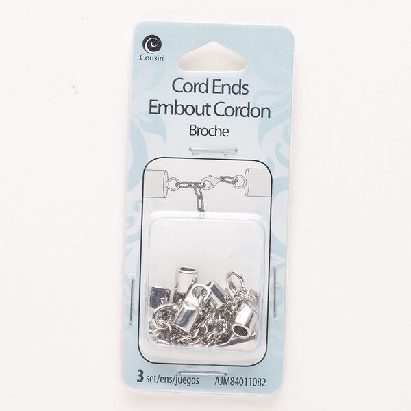 Clasp, lobster claw, steel, pkg/3, 10x6mm round with glue-in cord ends, silver finish. image number 0