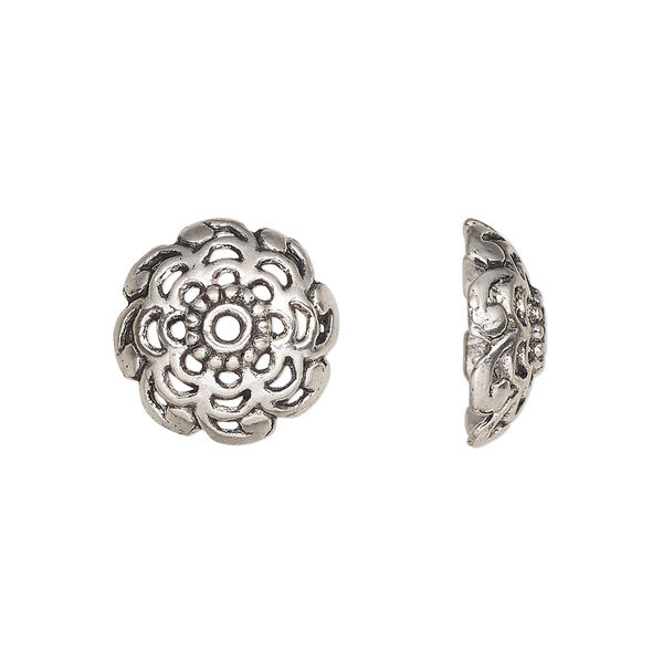 Bead cap, antiqued silver-finished "pewter" (zinc-based alloy), 15x6mm open flower round, fits 12-13mm beads. Sold per pkg of 20. image number 0