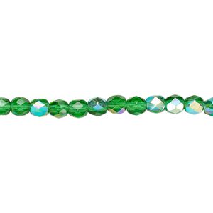 Bead, Czech fire-polished glass, emerald green AB, 4mm faceted round. Sold per pkg of 1,200 (1 mass).