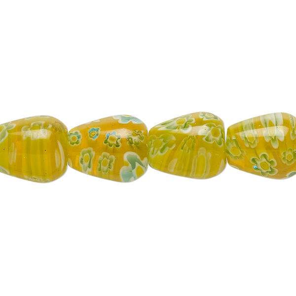 Bead, millefiori glass, translucent golden yellow / light blue / white, teardrop 12x10mm with flower design. Sold per 14-inch strand. image number 0