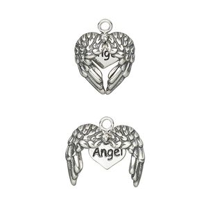 Charm, antiqued sterling silver, 13x12.5mm single-sided winged puffed heart with cutout design and "Angel" inner heart. Sold individually.