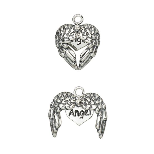 Charm, antiqued sterling silver, 13x12.5mm single-sided winged puffed heart with cutout design and "Angel" inner heart. Sold individually. image number 0
