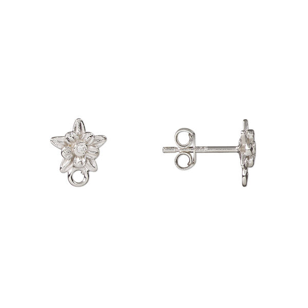 Earstud, cubic zirconia and rhodium-plated sterling silver, clear, 10x8mm flower with closed loop. Sold per pair. image number 0