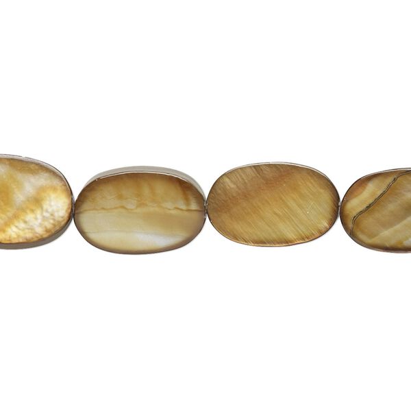 Bead, mother-of-pearl shell (dyed), golden brown, 15x9mm-15x10mm flat oval with 0.6-0.8mm hole, Mohs hardness 3-1/2. Sold per 15-inch strand. image number 0