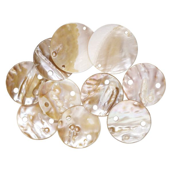 Focal, blister pearl shell (natural / bleached), 45-51mm round with 2 holes, Mohs hardness 3-1/2. Sold per pkg of 10. image number 0