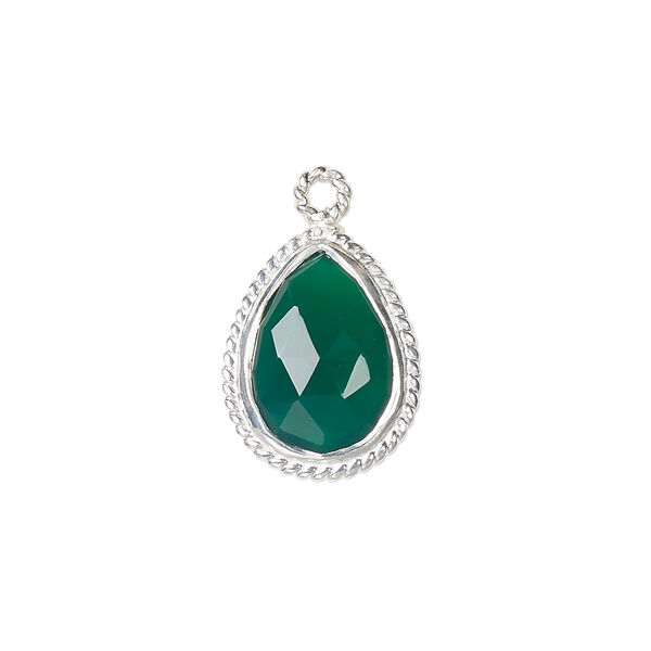 Drop, green onyx (dyed) and sterling silver, 18x14mm-20x15mm hand-cut double-sided faceted teardrop with twisted wire design. Sold individually. image number 0