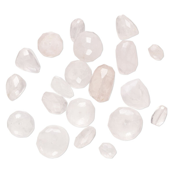 Bead mix, rose quartz (natural), 10x7mm-23x14mm hand-cut top- and center-drilled faceted mixed shapes with 0.4-1.4mm hole, C grade, Mohs hardness 7. Sold per 2-ounce pkg, approximately 15-25 beads. image number 0