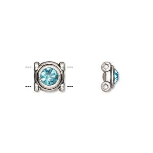 Spacer, glass rhinestone and antique silver-finished "pewter" (zinc-based alloy), aqua blue, 9mm single-sided 2-strand round, fits up to 5mm bead. Sold per pkg of 6.