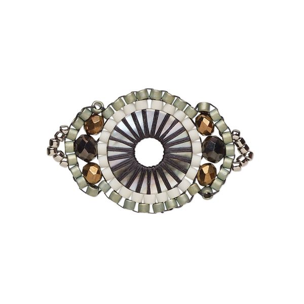 Link, Creative Touch, glass, white / copper / pale green, 25x18mm double-sided fancy oval. Sold individually. image number 0