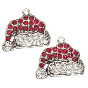 Charm, antique silver-finished "pewter" (zinc-based alloy) and glass, red and clear, 25x17mm single-sided Santa hat. Sold per pkg of 2.