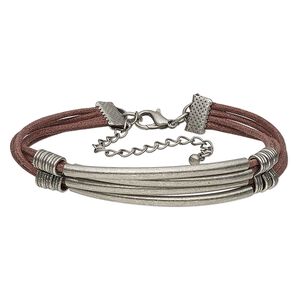 Bracelet, waxed cotton cord with antique silver-finished brass and steel, brown, 13mm wide with tube, 7 inches with 2-3/4 inch extender chain and lobster claw clasp. Sold individually.