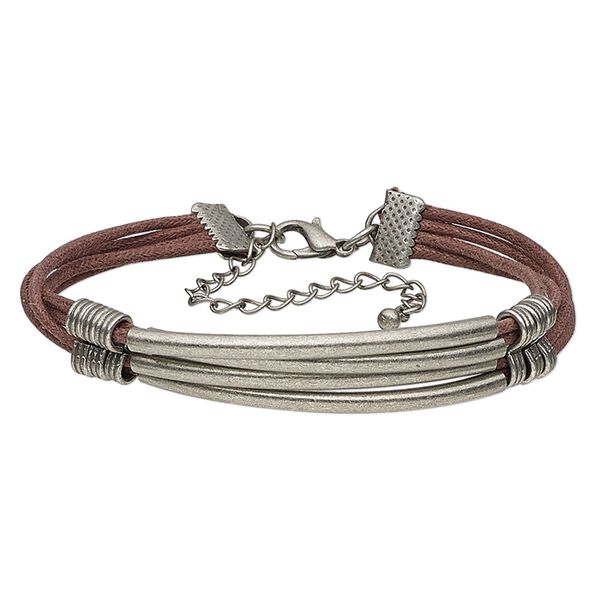 Bracelet, waxed cotton cord with antique silver-finished brass and steel, brown, 13mm wide with tube, 7 inches with 2-3/4 inch extender chain and lobster claw clasp. Sold individually. image number 0