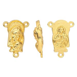 Connector, gold-finished "pewter" (zinc-based alloy), 18.5x10mm two-sided oval rosary with Madonna and child on front and Sacred Heart of Jesus Christ on back. Sold per pkg of 10.