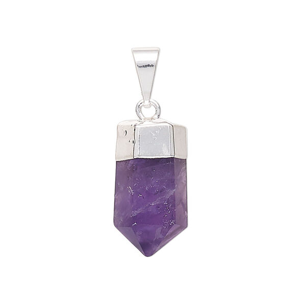 Pendant amethyst 1pk 20x10mm-25x12mm hand-cut faceted point, natural, silver plate image number 0