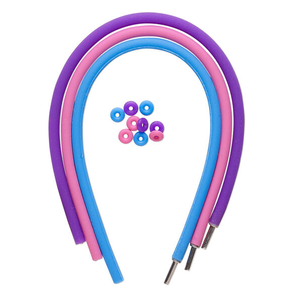 Bracelet cord, silicone and stainless steel, pink / purple / blue, 4mm round, 7-1/2 inches with pop-style clasp. Sold per pkg of 3. image number 0