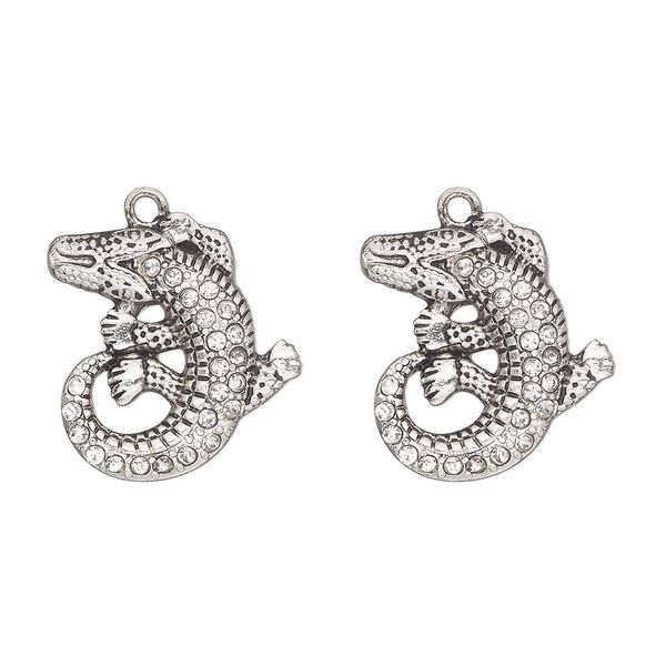 Charm, antique silver-finished "pewter" (zinc-based alloy) and glass, clear, 23x21mm single-sided alligator. Sold per pkg of 2. image number 0