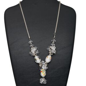 Necklace, acrylic / lampworked glass / steel / silver-finished brass / silver-coated plastic, clear and mixed colors, 24x17mm oval with mixed size and shape, 2-inch dangle, 22 inches with lobster claw clasp. Sold individually.
