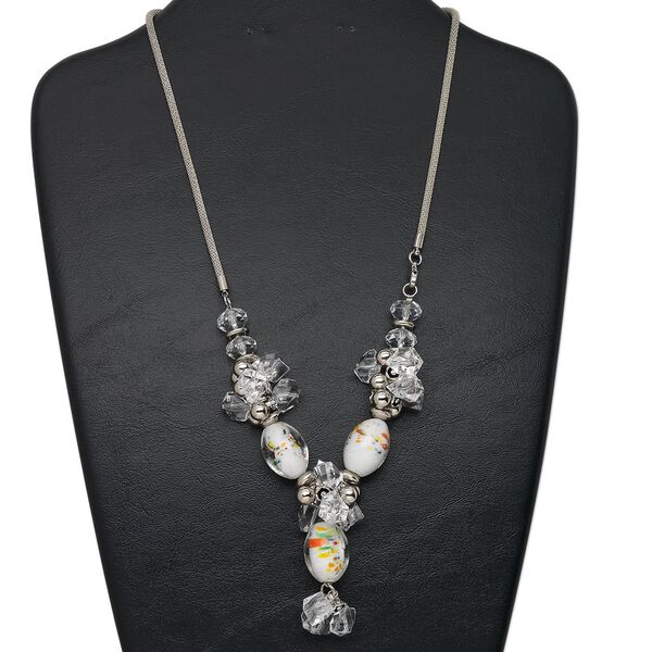 Necklace, acrylic / lampworked glass / steel / silver-finished brass / silver-coated plastic, clear and mixed colors, 24x17mm oval with mixed size and shape, 2-inch dangle, 22 inches with lobster claw clasp. Sold individually. image number 0