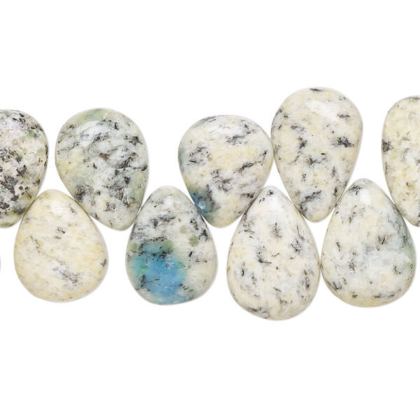 Bead, K2 "jasper" (granite and azurite) (natural), 12x8mm-16x11mm hand-cut top-drilled puffed teardrop with 0.4-1.4mm hole, C+ grade, Mohs hardness 3-1/2 to 7. Sold per 8-inch strand, approximately 35 beads. image number 0