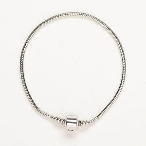 Bracelet, silver-finished brass, 2.5mm round, 8 inches with snap barrel clasp. Sold individually.