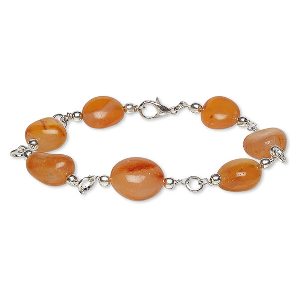 Bracelet, red agate (dyed) with silver-plated brass and steel, small to medium hand-cut nugget, 7 inches with lobster claw clasp. Sold individually. image number 0