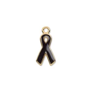 Charm, epoxy and gold-plated aluminum, black, 15x9mm single-sided awareness ribbon. Sold per pkg of 6.