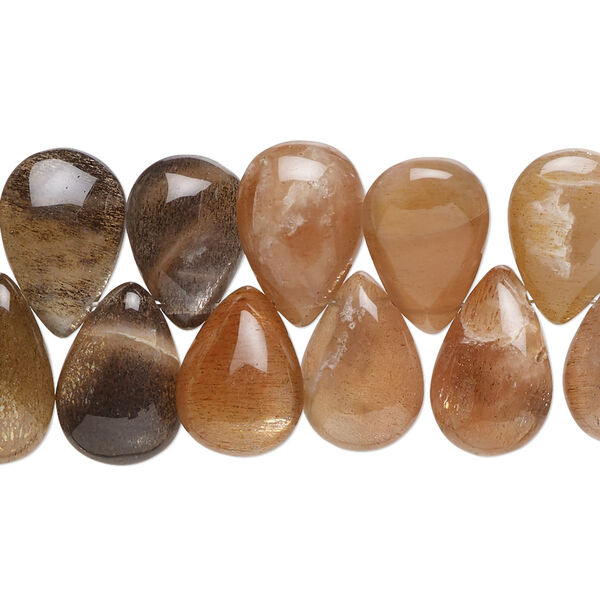Bead, coffee moonstone and peach moonstone (natural), 11x9mm-16x10mm hand-cut top-drilled puffed teardrop with 0.4-1.4mm hole, B+ grade, Mohs hardness 6 to 6-1/2. Sold per 8-inch strand, approximately 40 beads. image number 0