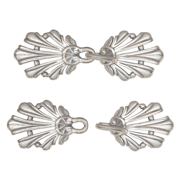 Clasp, JBB Findings, 3-strand hook-and-eye, antiqued sterling silver, 38x13mm fancy shell. Sold individually. image number 0