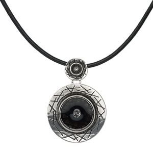 Necklace, antique silver-plated "pewter" (zinc-based alloy) and steel / leather / epoxy / crystal rhinestones, black and crystal clear, 40mm round with smooth leather cord, 18 inches with lobster claw clasp with 3-inch extender chain. Sold individually.