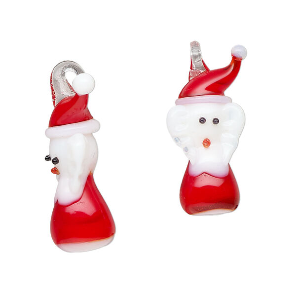Drop, lampworked glass, translucent red / white / black, 20x9mm-26x13mm Santa. Sold per pkg of 2. image number 0