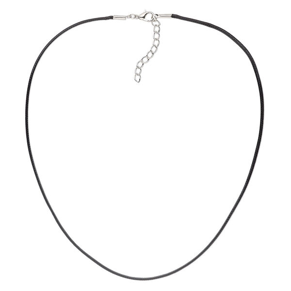 Necklace cord, waxed cotton cord with imitation rhodium-finished steel and "pewter" (zinc-based alloy), black, 1.5mm round, 18 inches with 1-1/2 inch extender chain and lobster claw clasp. Sold per pkg of 4. image number 0