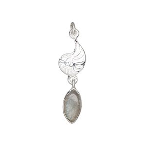 Labradorite / sterling silver 1pkg1, nautilus drop natural antiqued 26x8mm